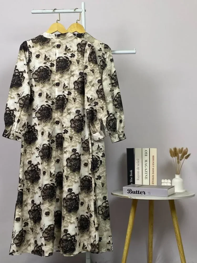 ASAYA Gaun panjang longgar kasual tipis bermotif dengan desain mode elegan