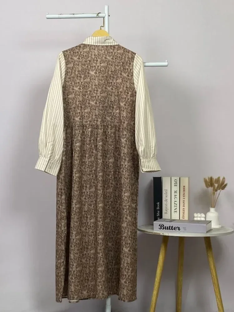 ASAYA Gaun panjang longgar kasual tipis bermotif dengan desain mode elegan