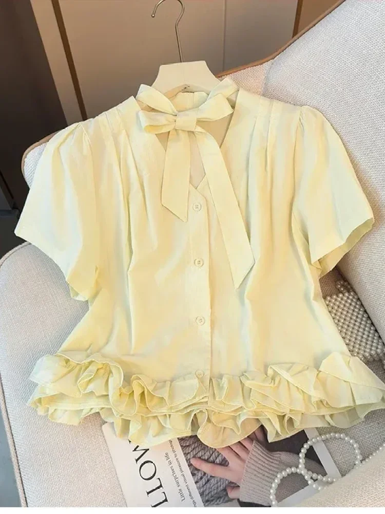 CHICMORE Blouse wanita feminime lengan pendek v neck dengan pita gaya cantik