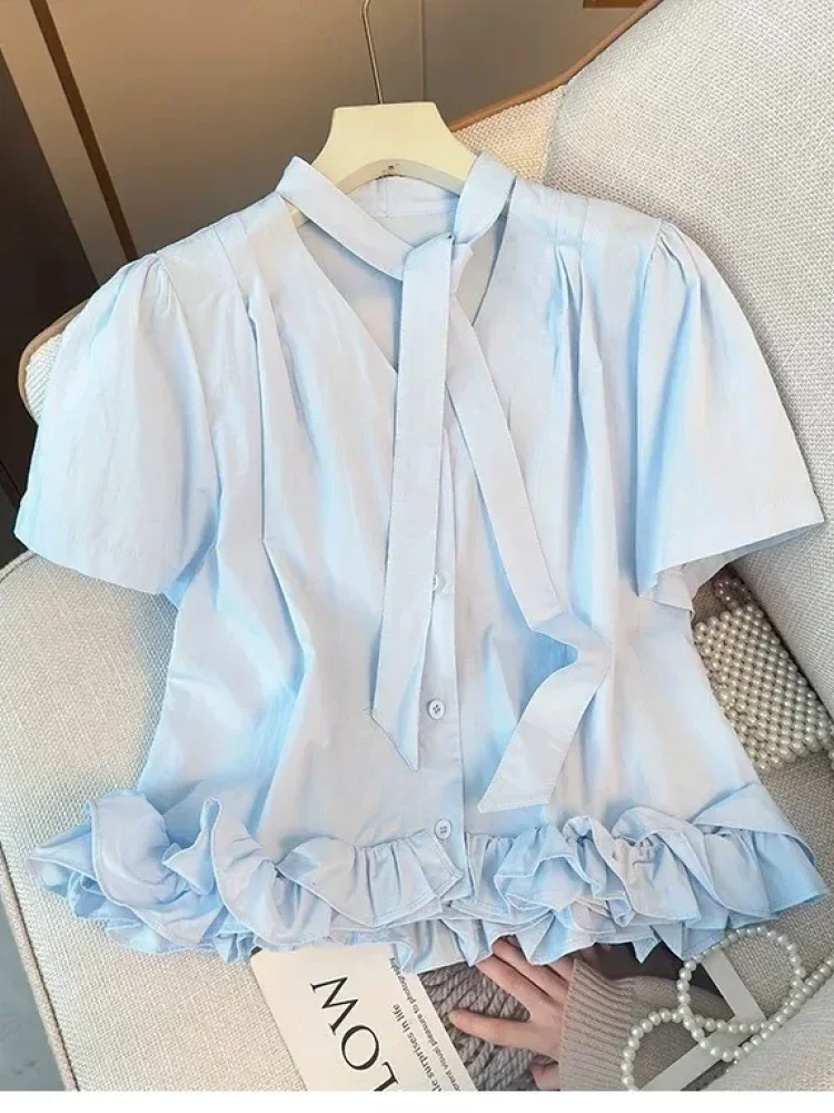 CHICMORE Blouse wanita feminime lengan pendek v neck dengan pita gaya cantik