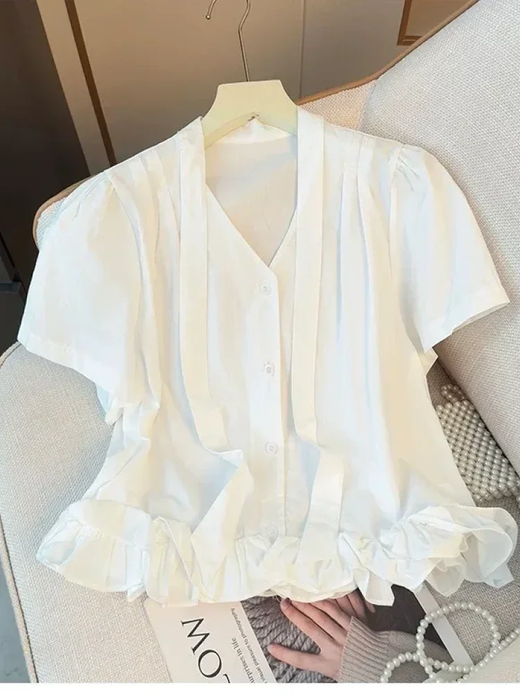 CHICMORE Blouse wanita feminime lengan pendek v neck dengan pita gaya cantik