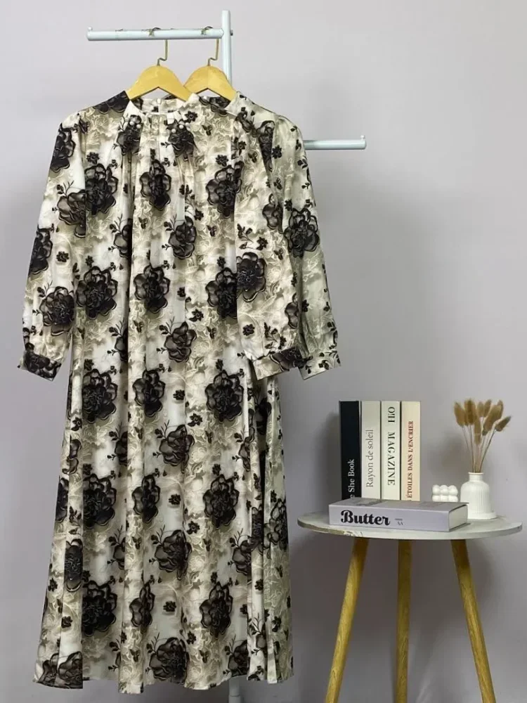 ASAYA Gaun panjang longgar kasual tipis bermotif dengan desain mode elegan