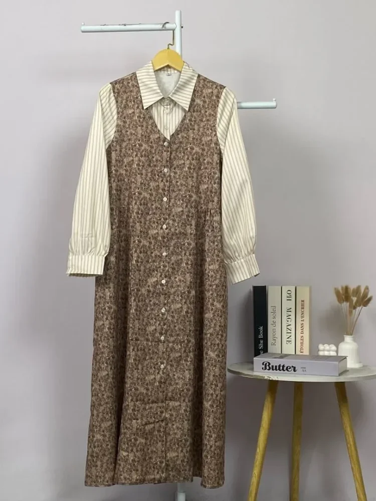 ASAYA Gaun panjang longgar kasual tipis bermotif dengan desain mode elegan