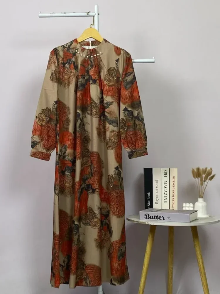 ASAYA Gaun panjang longgar kasual tipis bermotif dengan desain mode elegan