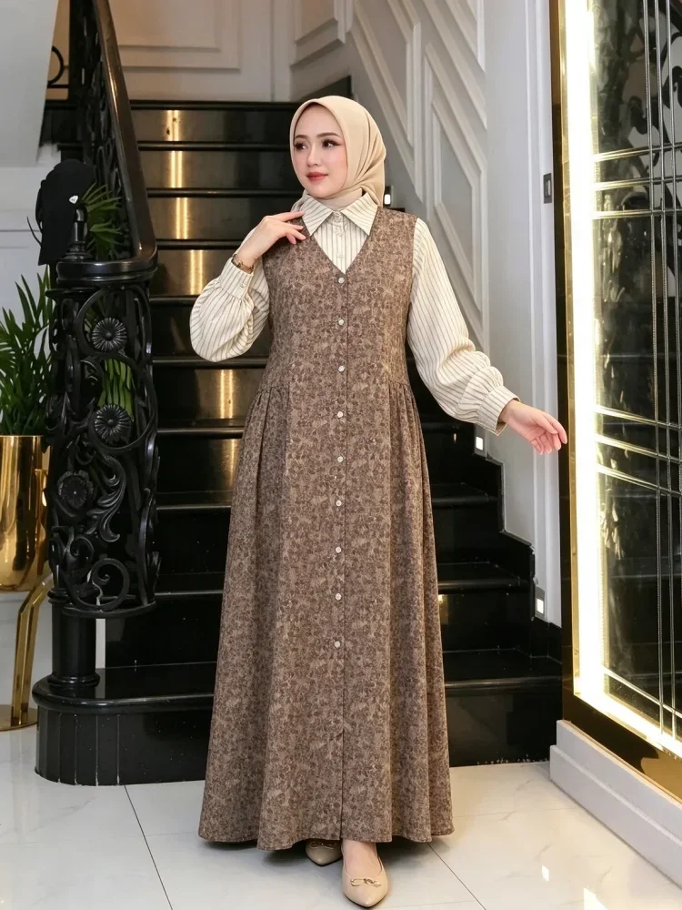ASAYA Gaun panjang longgar kasual tipis bermotif dengan desain mode elegan