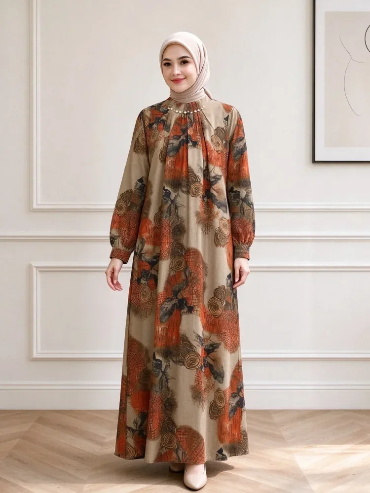 ASAYA Gaun panjang longgar kasual tipis bermotif dengan desain mode elegan
