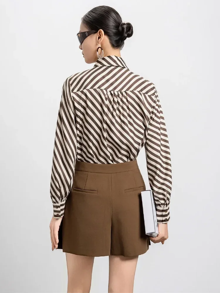 FADFAD Atasan kemeja lengan panjang wanita motif garis-garis diagonal dengan kerah berpita