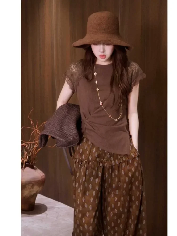 FADFAD Atasan wanita blouse lengan pendek model asimetris gaya korea