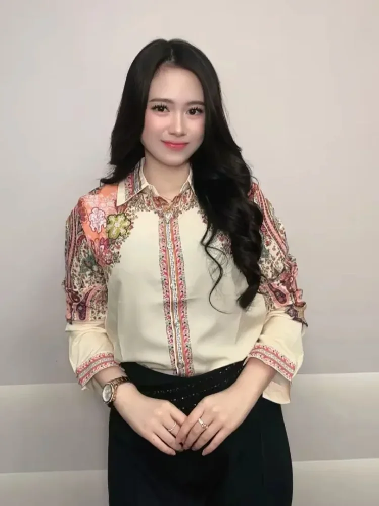 FADFAD Kemeja motif cetak baru dengan kerah polo dan lengan panjang wanita tempramen