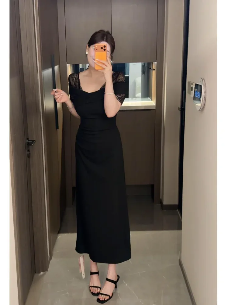 FADFAD Gaun maxi dengan lengan pendek bermotif polos gaya elegan untuk wanita