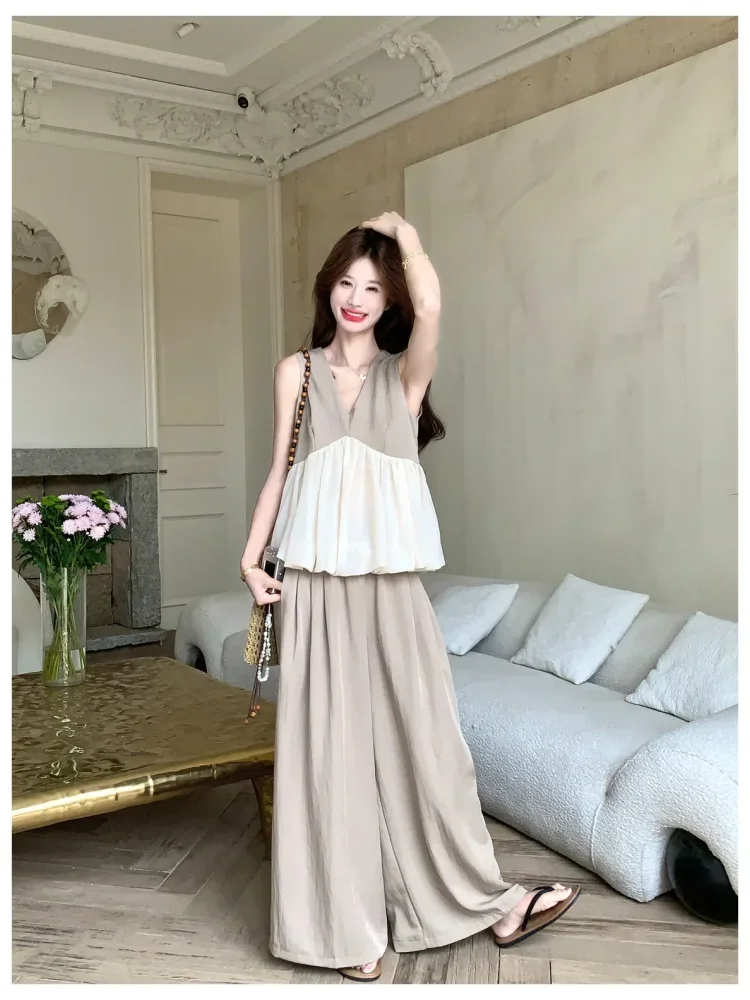 CHICMORE Setelan wanita kasual dengan blouse v-neck two tone + celana kulot