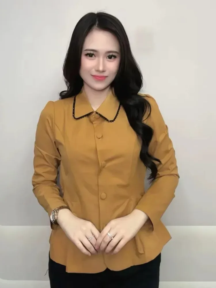 FADFAD Atasan kemeja lengan panjang dengan model retro untuk wanita