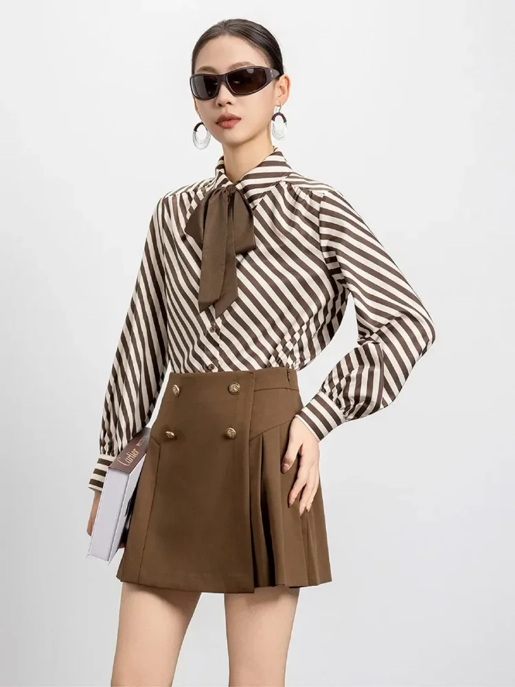 FADFAD Atasan kemeja lengan panjang wanita motif garis-garis diagonal dengan kerah berpita