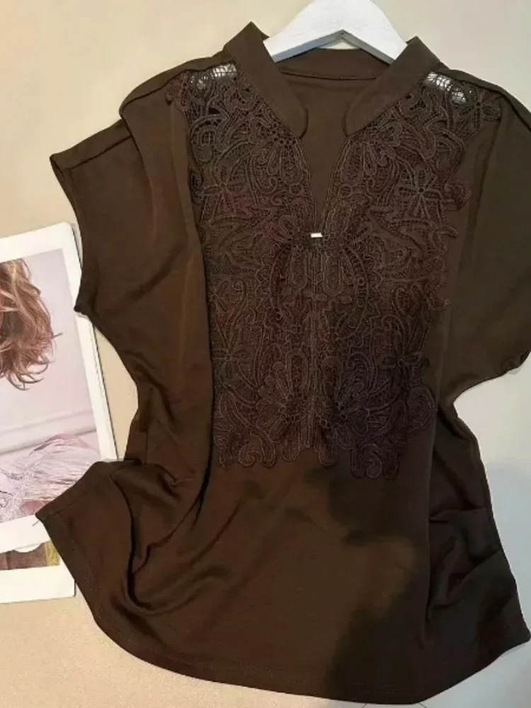 FADFAD Atasan wanita blouse lengan pendek kerah notched model minimalis