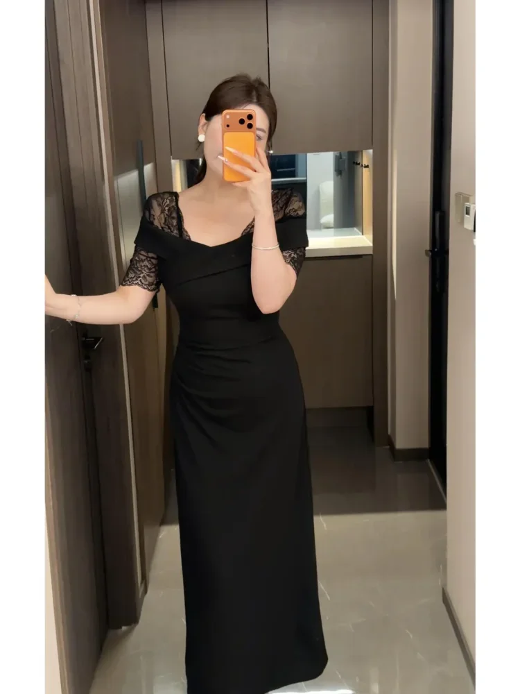 FADFAD Gaun maxi dengan lengan pendek bermotif polos gaya elegan untuk wanita
