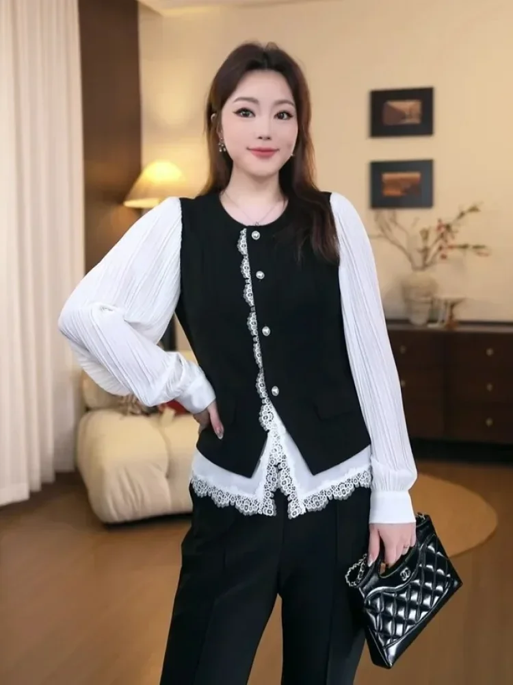 FADFAD Atasan wanita desain retro two tone tepi renda elegan