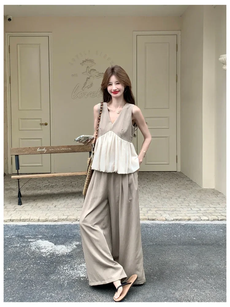 CHICMORE Setelan wanita kasual dengan blouse v-neck two tone + celana kulot