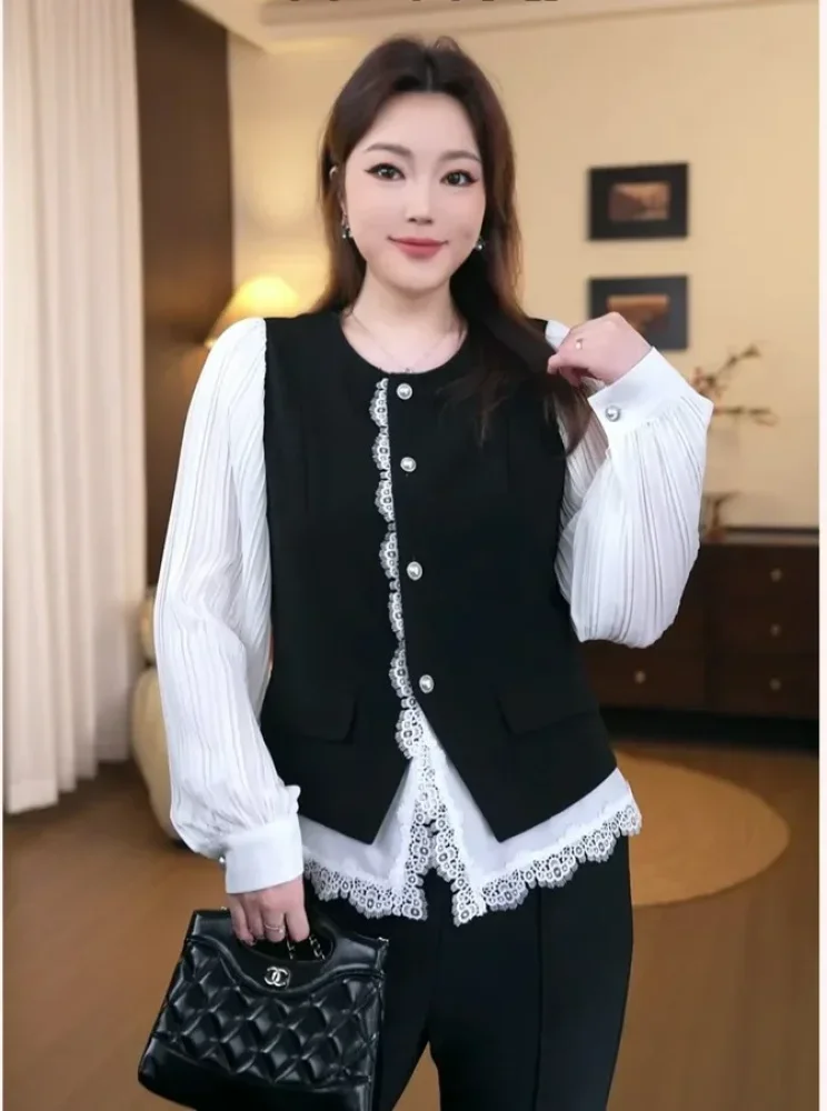 FADFAD Atasan wanita desain retro two tone tepi renda elegan