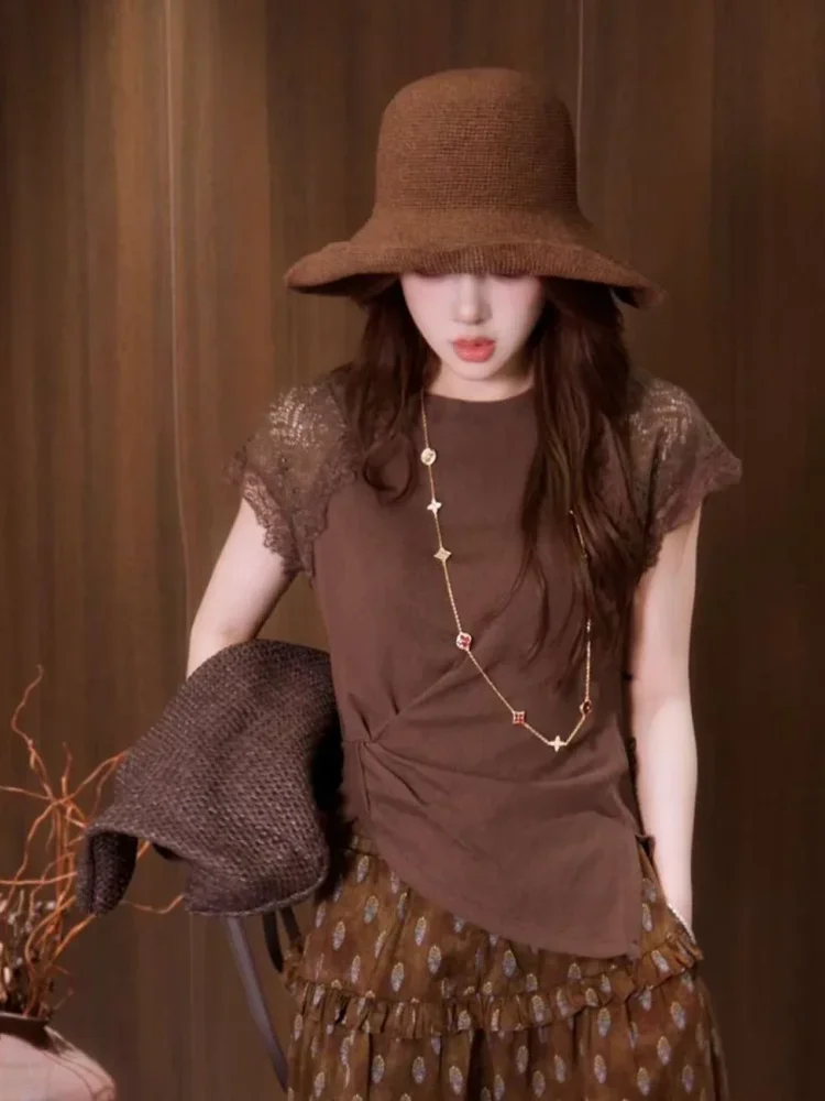 FADFAD Atasan wanita blouse lengan pendek model asimetris gaya korea