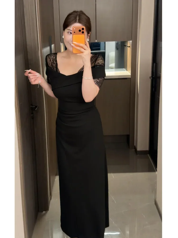 FADFAD Gaun maxi dengan lengan pendek bermotif polos gaya elegan untuk wanita