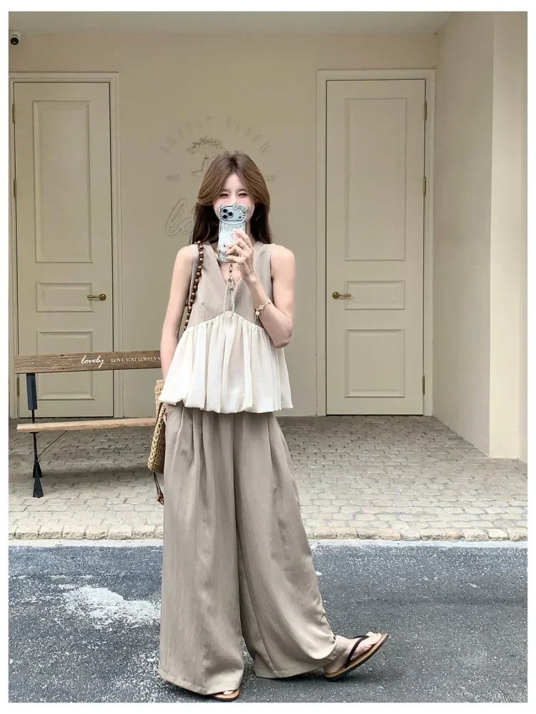 CHICMORE Setelan wanita kasual dengan blouse v-neck two tone + celana kulot