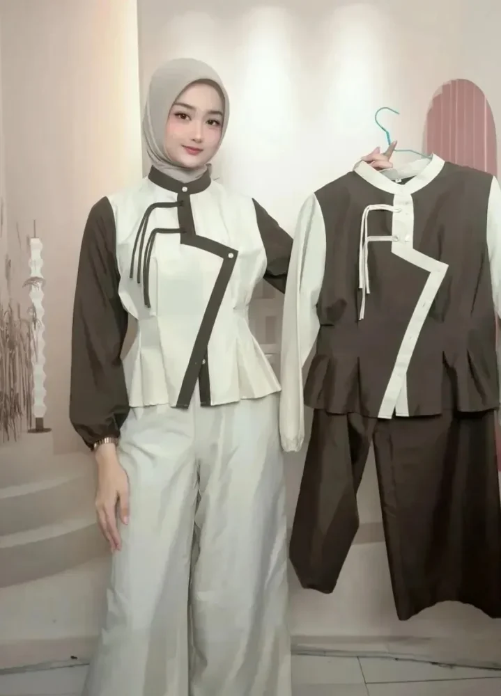 ASAYA Atasan kemeja longgar desain tidak beraturan lengan panjang kerah polo warna kontras untuk wanita gaya modis