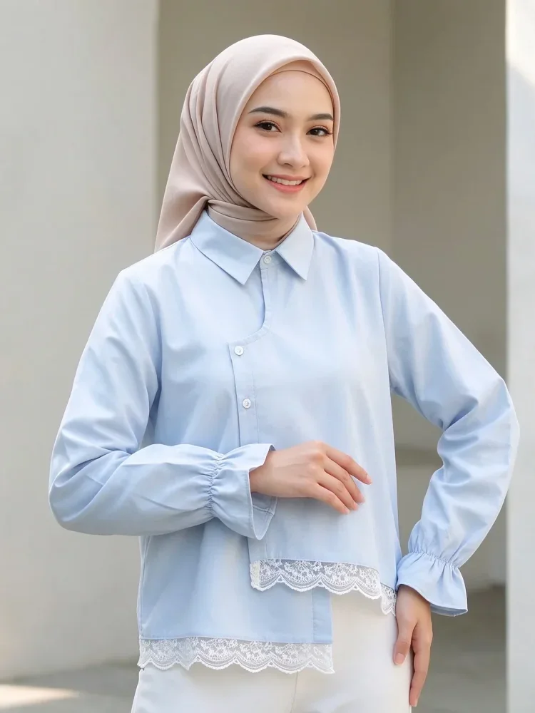 ASAYA Kemeja unik lengan panjang dan kerah collar