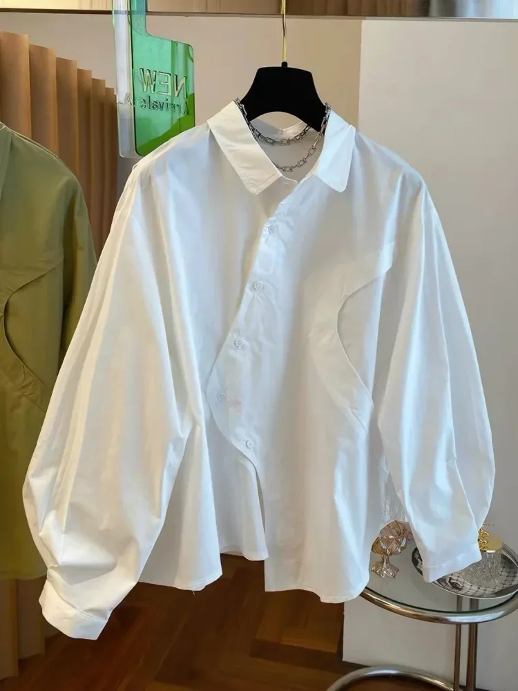 CHICMORE Kemeja warna solid model kancing unik dengan lengan panjang wanita feminime