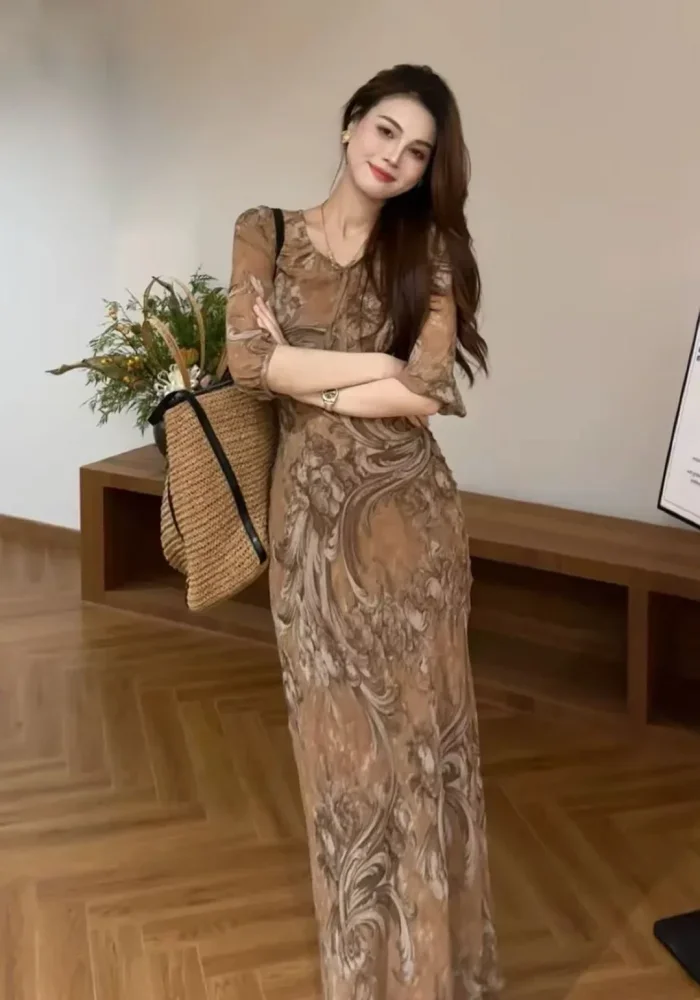 FADFAD Gaun wanita lengan panjang motif cetak gaya baru