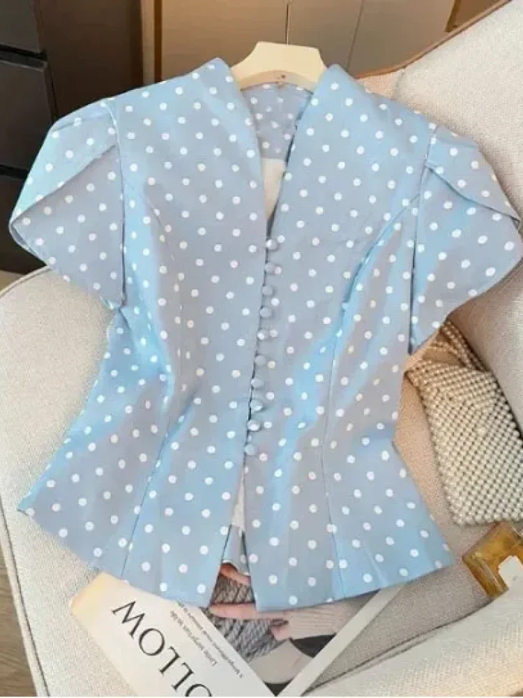 CHICMORE Atasan blouse wanita lengan pendek motif polkadot gaya feminine elegan