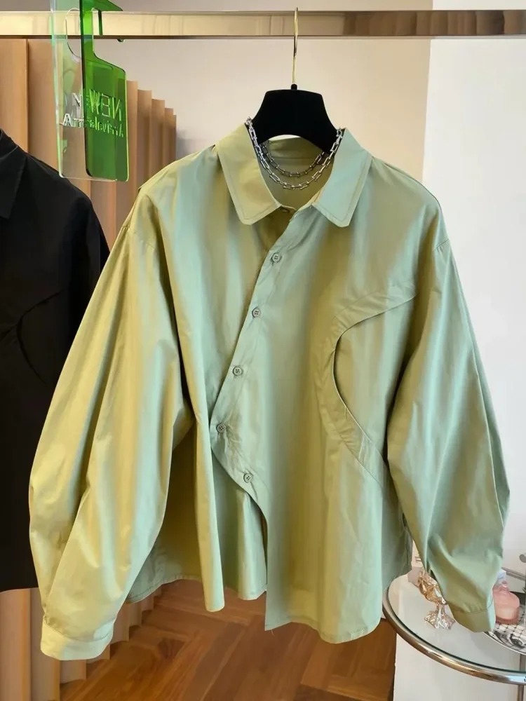 CHICMORE Kemeja warna solid model kancing unik dengan lengan panjang wanita feminime