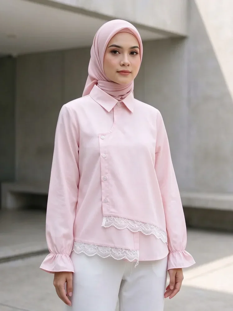ASAYA Kemeja unik lengan panjang dan kerah collar