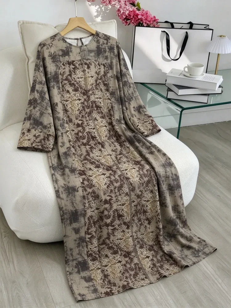 ASAYA Gaun berleher bulat dengan desain patchwork bermotif hijau,