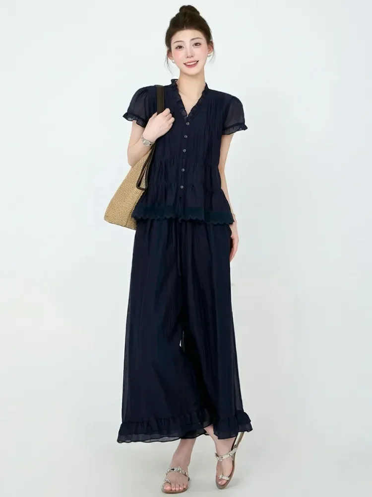CHICMORE Setelan wanita kasual dengan blouse lengan puff pendek + celana kulot