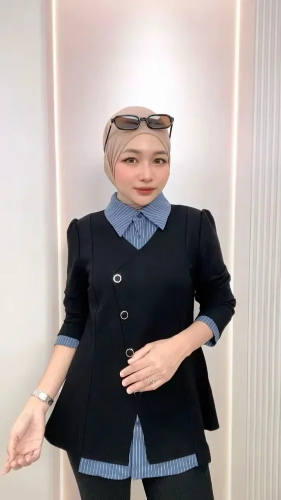 FADFAD Atasan lengan panjang model dua potong palsu untuk wanita gaya fashionable