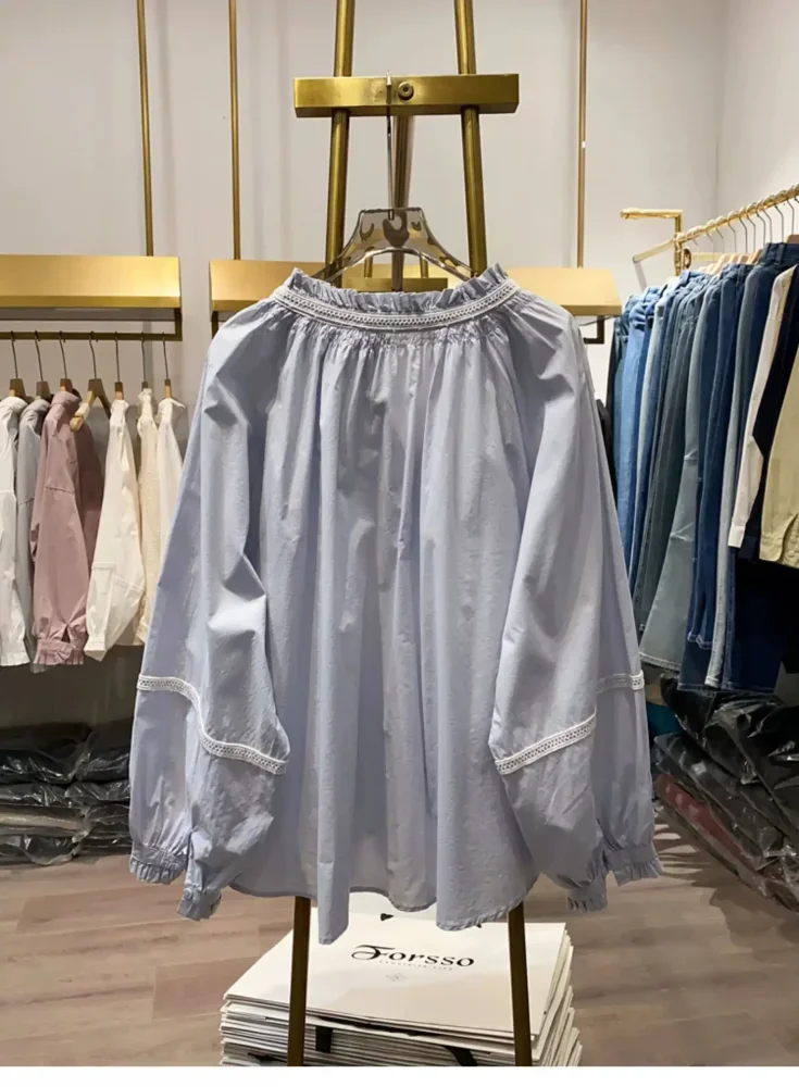 CHICMORE Atasan blouse lengan panjang warna kontras manis untuk wanita