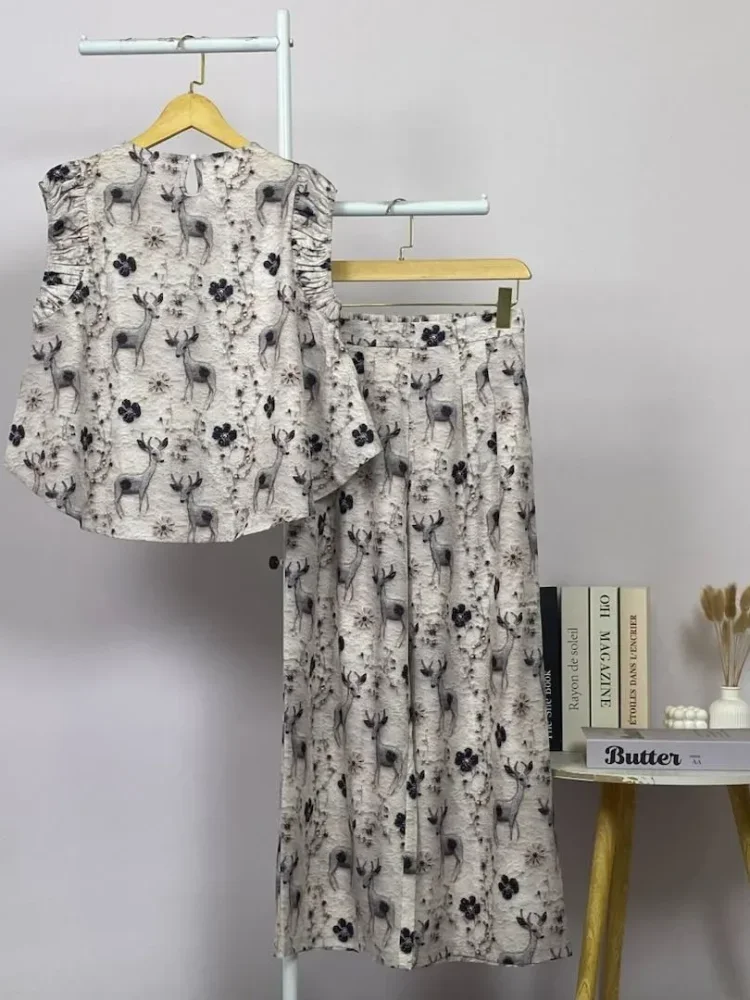 FADFAD Set dua potong: atasan bermotif tanpa lengan + celana bermotif kaki lebar