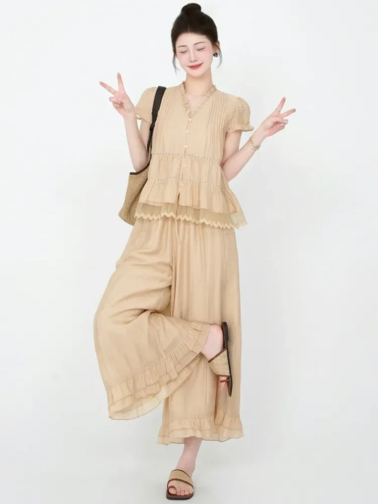 CHICMORE Setelan wanita kasual dengan blouse lengan puff pendek + celana kulot