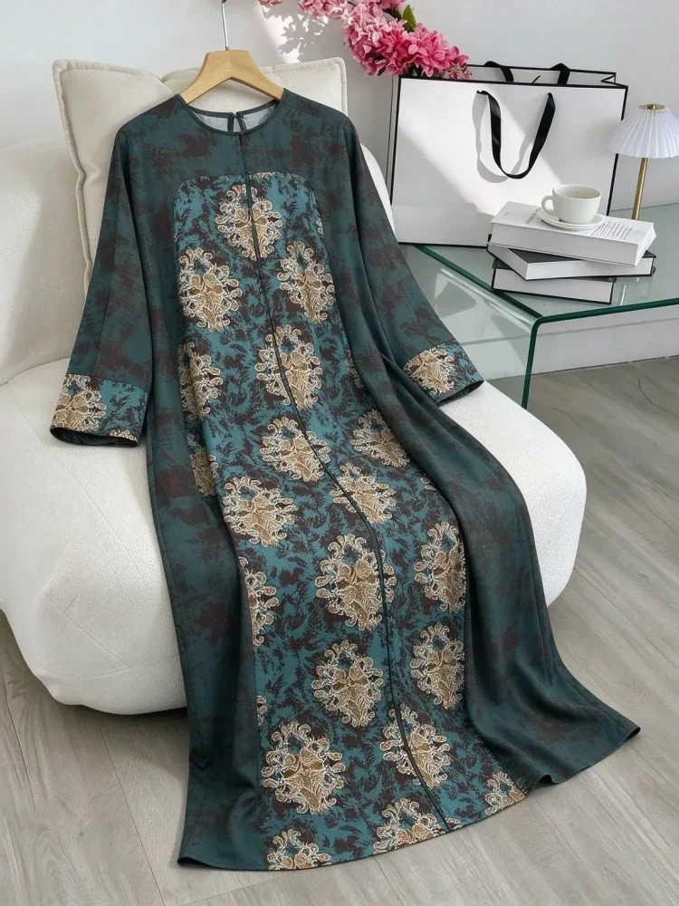ASAYA Gaun berleher bulat dengan desain patchwork bermotif hijau,