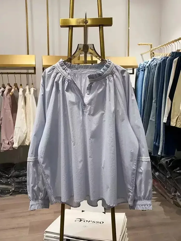 CHICMORE Atasan blouse lengan panjang warna kontras manis untuk wanita