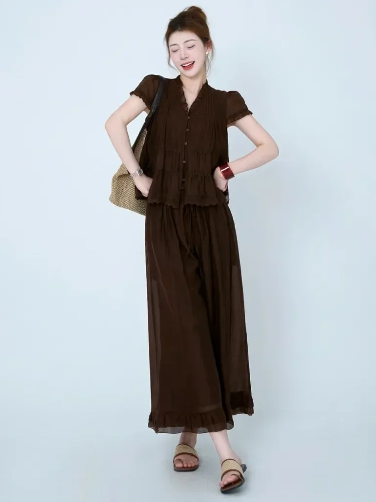 CHICMORE Setelan wanita kasual dengan blouse lengan puff pendek + celana kulot