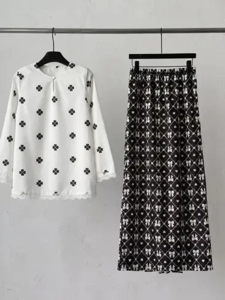 [READY STOCK]ASAYA Setelan wanita 2in1 blouse lengan panjang motif print kombinasi bunga + rok panjang highwaist elegan model kekinian