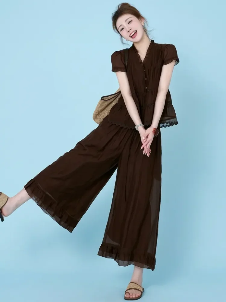 CHICMORE Setelan wanita kasual dengan blouse lengan puff pendek + celana kulot