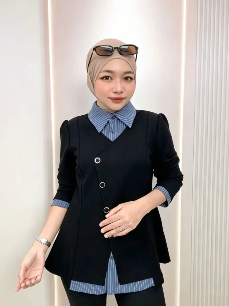 FADFAD Atasan lengan panjang model dua potong palsu untuk wanita gaya fashionable