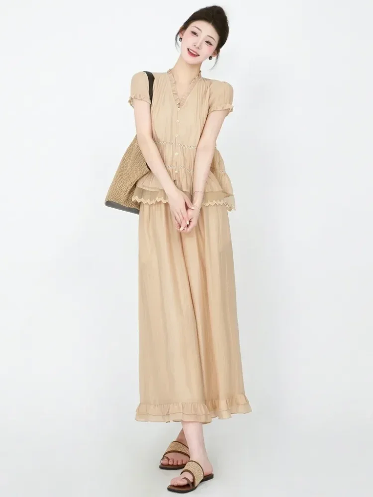 CHICMORE Setelan wanita kasual dengan blouse lengan puff pendek + celana kulot