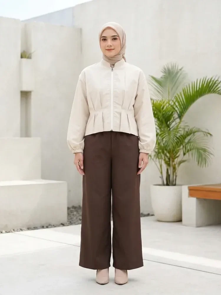 ASAYA Kemeja lengan panjang wanita model ritsleting, desain simpel, detail kerut mewah, dipadukan dengan celana panjang polos dari set yang sama