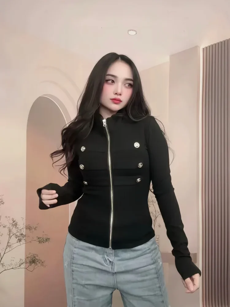 FADFAD Atasan kemeja lengan panjang berkerah tegak model retro untuk wanita
