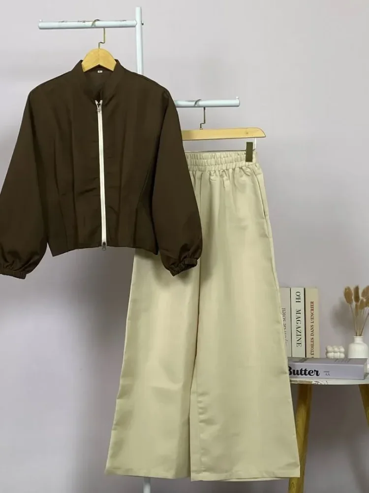 ASAYA Kemeja lengan panjang wanita model ritsleting, desain simpel, detail kerut mewah, dipadukan dengan celana panjang polos dari set yang sama