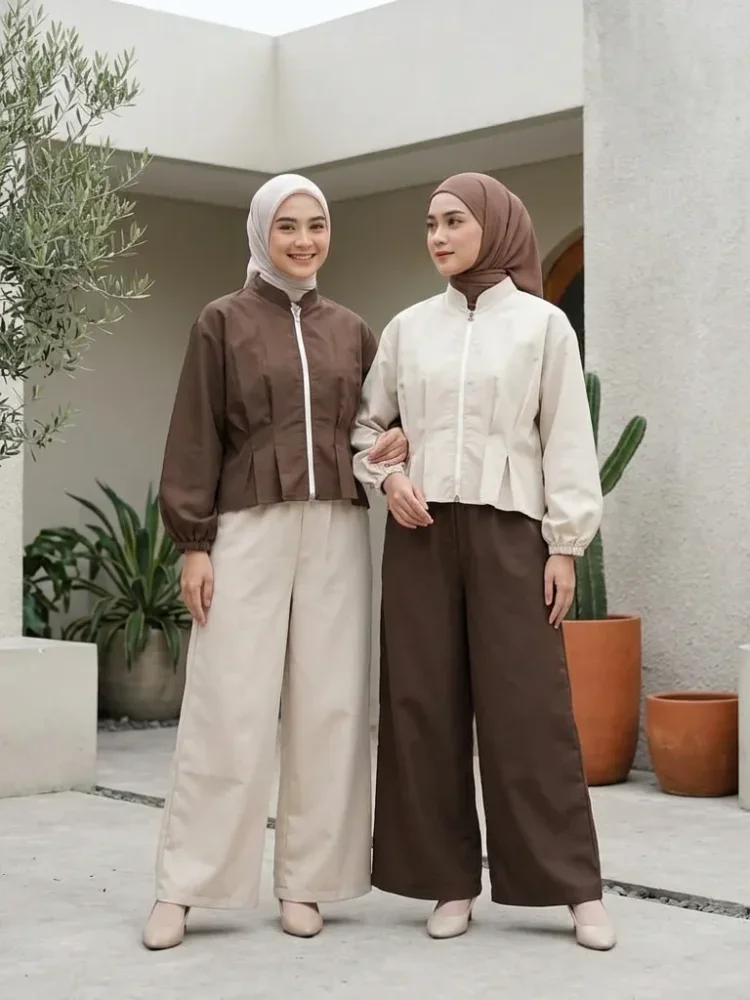 ASAYA Kemeja lengan panjang wanita model ritsleting, desain simpel, detail kerut mewah, dipadukan dengan celana panjang polos dari set yang sama