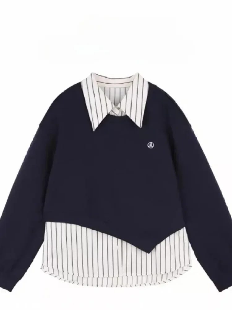 CHICMORE Kemeja dua potong palsu motif garis garis dengan lengan panjang dan kerah polo gaya trendi